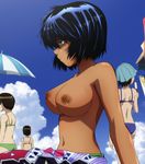  3girls areolae arm ass back bare_shoulders beach bikini bikini_top black_hair blue_bikini blue_sky blurry body_blush breasts dark_nipples dark_skin depth_of_field expressionless female foreshortening green_bikini green_eyes hair_over_one_eye hat holding large_breasts looking_away midriff multiple_girls navel nazo_no_kanojo_x nipples nude_filter outdoors photoshop popsicle profile sarong screencap shiny shiny_hair shiny_skin short_hair sitting sky solo_focus standing swimsuit tan topless umbrella urabe_mikoto 