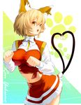  animal_ears blonde_hair bow breasts cat_tail character_name chen chen_(cosplay) cosplay fang fox_ears heart heart_tail jewelry kinketsu large_breasts midriff multiple_tails navel nekomata open_mouth paw_pose paw_print short_hair single_earring skirt solo tail touhou two_tails yakumo_ran yellow_eyes 