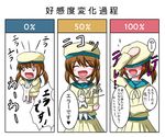  :3 :d blush brown_hair cat error_musume gameplay_mechanics girl_holding_a_cat_(kantai_collection) hat hat_over_eyes kantai_collection meitoro open_mouth short_hair shoshinsha_mark smile solo translated tsundere twintails v-shaped_eyebrows 