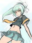  aqua_hair bad_id bad_pixiv_id bangs bow crop_top flat_chest groin hair_bow highres johan_(johan13) kantai_collection midriff navel necktie no_legwear orange_eyes ponytail sailor_collar school_uniform serafuku short_sleeves skirt smile solo yuubari_(kantai_collection) 