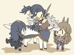  ai-wa armor blue_hair brown_hair cape chibi cynthia_(fire_emblem) falchion_(fire_emblem) family fire_emblem fire_emblem:_kakusei lucina mother_and_daughter multiple_girls open_mouth pegasus pegasus_knight siblings sisters smile sumia sword twintails weapon wings |_| 