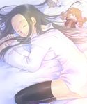  bed_sheet black_hair black_legwear blonde_hair closed_eyes coppelion doll drooling grey_hair hair_flowing_over hair_spread_out kurosawa_haruto long_hair lying ozu_kanon ozu_shion shirt shirt_slip sleeping smile solo stuffed_toy sunlight thighhighs wakanu white_shirt 