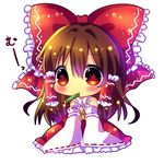  ascot blush bow brown_hair chibi chocolat_(momoiro_piano) detached_sleeves hair_bow hair_tubes hakurei_reimu long_sleeves mouth_hold pencil red_eyes simple_background solo touhou white_background wide_sleeves 