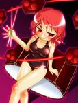  blush collarbone drum drum_set drumsticks horikawa_raiko instrument red_eyes red_hair school_swimsuit sitting_on_drum smile solo swimsuit touhou winn 