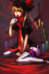  alternate_costume bad_id bad_pixiv_id blonde_hair candy etc_(tishikiganai) fang flandre_scarlet food hat highres lace lace-trimmed_thighhighs licking lollipop no_panties red_eyes side_ponytail sitting solo thighhighs tongue touhou white_legwear wings zettai_ryouiki 