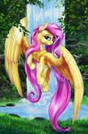  blue_eyes bush equine female fluttershy_(mlp) flying foliage friendship_is_magic grass hair lake looking_at_viewer mammal my_little_pony outside pegasus pink_hair rock solo tree viwrastupr water waterfall wings 