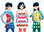  3girls :3 a~chan black_hair blue_dress blue_legwear commentary dress english_commentary green_legwear kashiyuka long_hair multiple_girls nocchi_(perfume) open_mouth orange_legwear pantyhose perfume round_teeth short_hair smile stephanie_shih teeth 