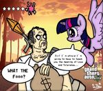  bag crossover dialog duo english_text equine flying friendship_is_magic fur grand_theft_auto grand_theft_auto_v hair horn horse human los_santos mammal money mountain my_little_pony palm_tree pony purple_eyes purple_fur purple_hair rpg street sunset sweat text this_will_end_in_tears trevor_phillips twilight_sparkle_(mlp) video_games waltzbrony wanted winged_unicorn wings 