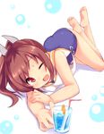  ;d bare_shoulders barefoot blush brown_eyes brown_hair cup drinking_glass drinking_straw feet glass i-401_(kantai_collection) kantai_collection looking_at_viewer lying mokoke on_stomach one-piece_swimsuit one_eye_closed open_mouth ponytail revision school_swimsuit short_hair short_ponytail smile solo swimsuit tan water 