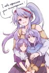  arthur_(fire_emblem) bracelet dialogue_box english_text eyes_closed fire_emblem fire_emblem:_seisen_no_keifu highres jewelry kitano_373 long_hair looking_at_viewer mother_and_daughter mother_and_son nintendo ponytail purple_eyes purple_hair ring scarf siblings smile tiltyu_(fire_emblem) tinny_(fire_emblem) twintails 