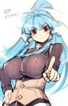  blue_hair bow breasts corset covered_nipples cross hair_bow hair_ribbon large_breasts long_hair mel/a melmaid original pointing pointing_at_viewer ponytail red_eyes revision ribbon sketch smile solo 