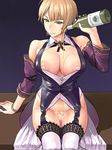 alcohol arm_support bad_id bad_pixiv_id bangs bare_shoulders bartender blonde_hair bottomless bracelet breasts buttons chain_chronicle cleavage cowboy_shot detached_sleeves fukuto_no_soudanyaku_brewery garter_straps gem gradient gradient_background green_eyes holding jewelry large_breasts light_smile looking_at_viewer mimizou mole mole_under_eye naughty_face neck neck_ribbon nipple_slip nipples no_bra parted_bangs pouring puffy_nipples pussy ribbon see-through shadow shirt short_hair sitting smile solo uncensored wakamezake white_legwear wide_hips wine wing_collar 