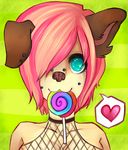  anthro blue_eyes breasts candy canine clothed clothing dance2forget dog ear_piercing female fishnet fishnet_shirt fur hair lollipop looking_at_viewer mammal piercing solo 