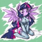  anthro anthrofied breasts cleavage clothed clothing cutie_mark danmakuman elbow_gloves equine female friendship_is_magic gloves hair horn kneeling legwear looking_at_viewer mammal my_little_pony purple_eyes purple_hair sketch solo stockings twilight_sparkle_(mlp) winged_unicorn wings 