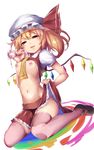  artificial_vagina blonde_hair blush breasts fang flandre_scarlet hat hat_ribbon karochii looking_at_viewer navel nipples open_mouth pink_legwear red_eyes ribbon short_hair side_ponytail sitting skirt skirt_lift small_breasts smile solo squeezing thighhighs tongue tongue_out touhou wariza wings 