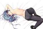  :o absurdres areolae ass back bed_sheet black_legwear blue_hair breasts commentary crotch_seam hair_ribbon highres jangif loafers looking_at_viewer looking_back lying mashiroiro_symphony nipples panties panties_under_pantyhose pantyhose purple_eyes ribbon romaji_commentary shoe_soles shoes short_hair small_breasts solo topless twintails underwear uryuu_sakuno white_panties 