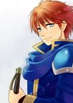  blue_eyes cape eliwood_(fire_emblem) fire_emblem fire_emblem:_rekka_no_ken kiyuu male_focus red_hair shoulder_armor smile solo spaulders sword weapon 