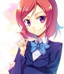  blazer blue_bow blue_neckwear bow bowtie hoshi_ichi index_finger_raised jacket long_sleeves looking_at_viewer love_live! love_live!_school_idol_project nishikino_maki otonokizaka_school_uniform purple_eyes red_hair school_uniform short_hair smile solo striped striped_bow striped_neckwear upper_body 