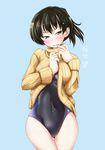  amagami black_hair blush breasts character_name competition_swimsuit large_breasts looking_at_viewer one-piece_swimsuit open_mouth ponytail ribbed_sweater short_hair solo sweater swimsuit swimsuit_under_clothes tsukahara_hibiki yamada_yukihito 