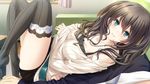  1girl aikawa_arisa_(kiss_ato) aqua_eyes bare_shoulders belt black_legwear blush brown_hair couch crossed_arms game_cg indoors jewelry kiss_ato_kiss_will_change_my_relation_with_you legs_up long_hair long_sleeves mikoto_akemi necklace off_shoulder official_art pov shorts sitting sleeves_past_wrists smile striped striped_legwear thighhighs vertical-striped_legwear vertical_stripes 