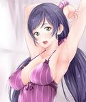  :d armpits arms_up blush bow breasts cleavage covered_nipples green_eyes hair_ornament large_breasts long_hair love_live! love_live!_school_idol_project open_mouth pink_scrunchie pinstripe_pattern purple purple_hair ribbon scrunchie sideboob smile solo spaghetti_strap striped toujou_nozomi tsukino_wagamo twintails upper_body vertical_stripes wrist_scrunchie 