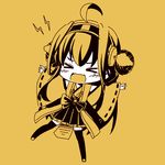  &gt;_&lt; ahoge chibi closed_eyes hairband kantai_collection kongou_(kantai_collection) kouji_(campus_life) long_hair lowres monochrome nontraditional_miko open_mouth skirt solo spot_color tears thighhighs yellow 