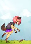  anthro bracelet canine clothed clothing dance2forget dog eyes_closed female frog fur hair invalid_background invalid_tag jewelry mammal skirt smile solo standing 