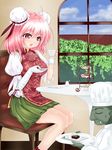  bandages bun_cover cake chef chef_hat chef_uniform chinese_clothes cuffs cup double_bun fang flower food green_skin hat highres hobgoblin_(touhou) ibaraki_kasen macaron open_mouth pink_eyes pink_hair plate ribbon rose short_hair sitting smile tabard teacup tiered_tray touhou tray u2_(5798239) window 