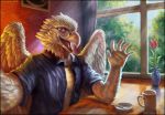  2018 anthro avian beak beverage bird clothing coffee digital_media_(artwork) feathered_wings feathers flower plant red-izak red_eyes rose shirt t-shirt table twstacker_(character) waving white_feathers wings 