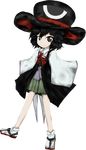  androgynous big_hat black_hair coat cosplay curly_hair detached_sleeves enraku_tsubakura enraku_tsubakura_(cosplay) evanescent_existence full_body geta grey_eyes hat jynx_(artist) len'en official_art oota_jun'ya_(style) red_ribbon ribbon senri_tsurubami short_hair shorts solo tabi top_hat transparent_background 