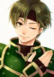  armor fire_emblem fire_emblem:_rekka_no_ken green_eyes green_hair headband kiyuu male_focus one_eye_closed sain smile solo 