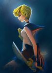  absurdres artist_name back_bow backlighting bishoujo_senshi_sailor_moon blade blonde_hair blue_choker blue_eyes blue_sailor_collar bow choker dark from_side gabrielle_andhita highres sailor_collar sailor_senshi_uniform sailor_uranus short_hair solo space_sword ten'ou_haruka very_short_hair yellow_bow 