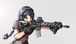  ar-15 assault_rifle blue_hair bow braid brown_eyes ear_protection educational_broadcasting_system gloves gun hair_bow military_operator ponytail rifle semi_(ebs) solo specterz vertical_foregrip weapon 