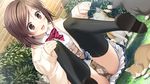  black_legwear blush bow bow_panties brown_eyes brown_hair brown_panties cat dutch_angle hand_on_own_knee kiss_ato_kiss_will_change_my_relation_with_you long_sleeves open_mouth panties plaid plaid_panties playing short_hair sitting skirt sleeves_past_wrists solo surrounded takanashi_madoka takei_ooki thighhighs underwear 