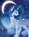  blue_eyes blue_hair blue_theme crescent_moon cutie_mark equine female friendship_is_magic hair horn jewelry looking_away mammal moon my_little_pony necklace ponytail portrait princess_luna_(mlp) solo sparkles stars tlatophat winged_unicorn wings 