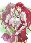  armor armored_dress belt book boots breastplate brown_eyes brown_hair fire_emblem fire_emblem:_kakusei garter_straps gauntlets gloves hair_ornament highres long_hair multiple_girls nami_(neeneegoose) pauldrons polearm red_eyes red_hair smile spear sumia tiamo very_long_hair weapon 