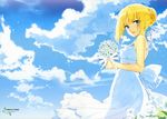 absurdres ahoge artoria_pendragon_(all) bare_shoulders blonde_hair blush bouquet bow cloud day dress fate/stay_night fate_(series) flower green_eyes hair_ornament hair_ribbon hanabana_tsubomi highres holding looking_at_viewer ribbon saber scan short_hair sky smile solo sundress 