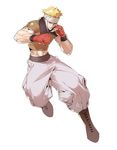  baggy_pants blonde_hair blue_eyes boots boxing_gloves boxing_headgear cross-laced_footwear fighting_stance jpeg_artifacts justin_the_electric_thunder lace-up_boots male_focus midriff official_art pants solo tomoyuki_kotani yatagarasu_(game) 