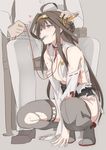  1girl admiral_(kantai_collection) ahoge bdsm blush breasts brown_hair chair collar damaged hand_on_another's_head heart heart-shaped_lock heart-shaped_pupils heart_lock_(kantai_collection) kantai_collection kongou_(kantai_collection) large_breasts leash lock mouth_hold ningen_(ningen96) nipples nontraditional_miko petting pussy_juice sitting squatting sweat symbol-shaped_pupils thighhighs torn_clothes torn_legwear unzipping_with_mouth zipper 