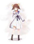  alternate_costume animal_ears bad_id bad_pixiv_id blush_stickers brown_eyes brown_hair dress full_body highres long_sleeves miyafuji_yoshika ns.x sailor_dress short_hair simple_background smile socks solo strike_witches texture white_background world_witches_series 