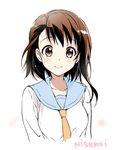  blush brown_eyes brown_hair collarbone copyright_name kurimomo necktie nisekoi onodera_kosaki school_uniform serafuku short_hair smile solo uniform upper_body white_background 