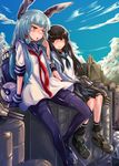  bangs black_hair blue_hair blunt_bangs cloud hatsuyuki_(kantai_collection) kantai_collection long_hair multiple_girls murakumo_(kantai_collection) pantyhose sky sweatdrop toyo_(toyozine2009) 