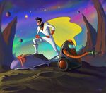  cape crossover dandy_(space_dandy) mask meow_(space_dandy) multiple_boys planet pompadour qt_(space_dandy) robot science_fiction shark space_dandy space_ghost space_ghost_(series) star viperxmns 