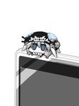 blush_stickers cellphone chibi glowing glowing_eyes goma_(gomasamune) grey_eyes grey_hair jitome kantai_collection minigirl pale_skin phone shinkaisei-kan simple_background smartphone solo teeth turret white_background wo-class_aircraft_carrier 