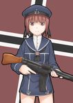  assault_rifle blush brown_eyes brown_hair clothes_writing dress gun hat highres kantai_collection looking_at_viewer rifle sailor_collar sailor_dress sailor_hat seatollead short_hair solo stg44 trigger_discipline weapon z3_max_schultz_(kantai_collection) 