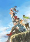  2boys bad_id bad_pixiv_id bag bare_shoulders baseball_cap brown_eyes brown_hair cloud day denim denim_shorts gen_5_pokemon green_hair hat hiyokko_ep legendary_pokemon multiple_boys n_(pokemon) pokemon pokemon_(creature) pokemon_(game) pokemon_bw ponytail shorts sky touko_(pokemon) touya_(pokemon) vest victini 