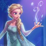  a-ka blonde_hair blue_eyes braid cape dress elsa_(frozen) frozen_(disney) hair_ornament hair_over_shoulder long_hair magic open_mouth single_braid snowflake_hair_ornament snowflakes solo 