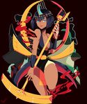  albus_(skullgirls) ankh black_dress black_hair blood blue_eyes breasts cleavage d-ryuu dark_skin dissolving dress eliza_(skullgirls) hagoromo halterneck horace_(skullgirls) lipstick makeup medium_breasts microphone_stand shawl short_hair skullgirls solo_focus tiara 