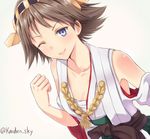  bad_id bad_twitter_id bare_shoulders blue_eyes brown_hair clenched_hand detached_sleeves hairband hiei_(kantai_collection) japanese_clothes kanden_suki kantai_collection looking_at_viewer nontraditional_miko one_eye_closed short_hair smile solo twitter_username 