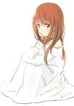  a_channel alternate_hairstyle blanket blush brown_eyes brown_hair full_body hair_down long_hair machahiro_(shiitake) no_eyewear simple_background sitting sketch smile solo tennouji_nagisa white_background 